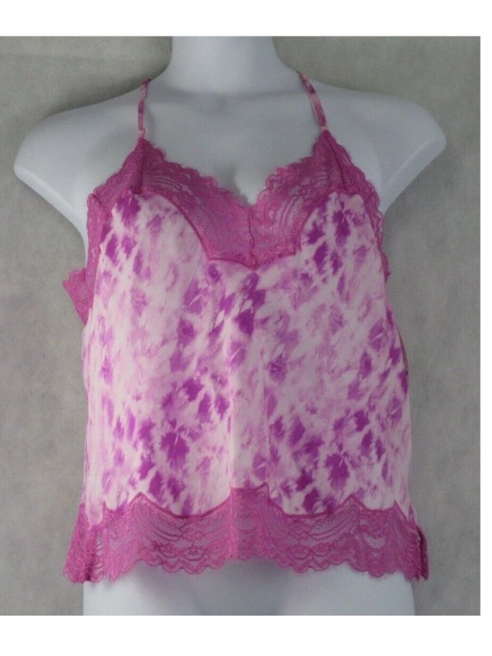 INC Women's Lace-Trim Satin Camisole Pajama Top, Pink Purple Tie Dye, Large